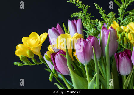 Gros plan sur un bouquet de printemps de freesias jaunes et de tulipes roses sur fond noir Royaume-Uni Banque D'Images