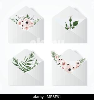 Définir l'enveloppe ouverte avec des fleurs. Illustration avec des enveloppes blanches et des fleurs. Illustration de Vecteur