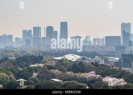 Site de construction du nouveau Stade national de Shinjuku Gyoen et jardin au printemps, Shinjuku, Tokyo, Japon Banque D'Images