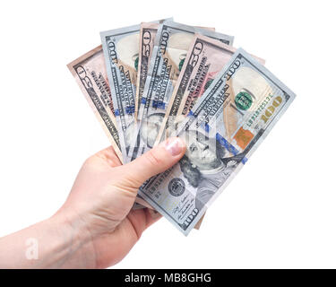 La main de l'homme comptant us dollar bills permanente pour toutes les dettes publiques et privées, Banque D'Images