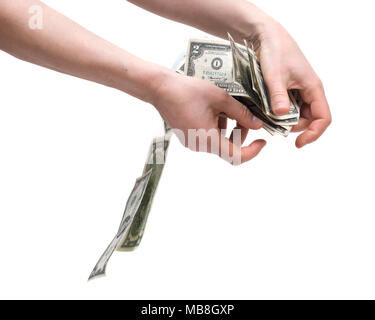La main de l'homme comptant us dollar bills permanente pour toutes les dettes publiques et privées, Banque D'Images