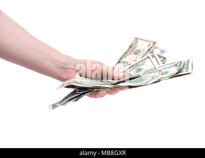 La main de l'homme comptant us dollar bills permanente pour toutes les dettes publiques et privées, Banque D'Images
