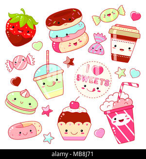 Ensemble d'icônes de sweet cute kawaii style avec sourire et les joues roses de sweet design. Autocollant avec l'inscription J'aime les bonbons. Les beignets, Candy, cap Banque D'Images