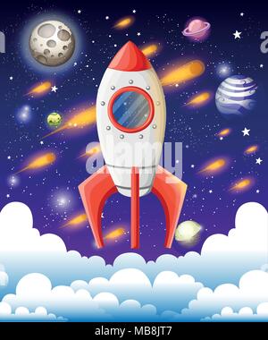 Fusée dans l'espace. Navire de l'espace de plus que les nuages. De météore, des étoiles, de la lune et des planètes sur l'arrière-plan. Vector illustration in cartoon style design. Site Web Illustration de Vecteur