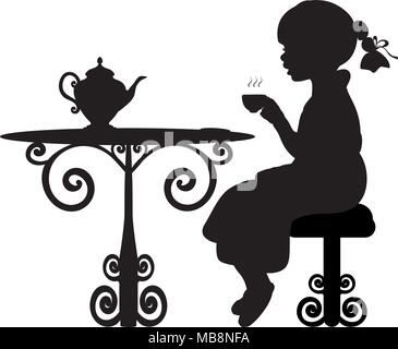 Silhouette fille boire du thé à table Illustration de Vecteur