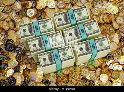 Des piles de billets de 100 dollars et golden Bitcoins - le rendu 3D Banque D'Images