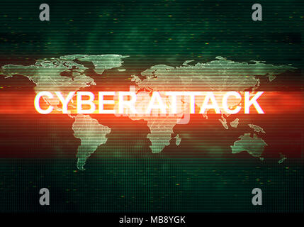 Abstract illustration de l'écran d'affichage vert foncé déformée avec le feu rouge. Cyber attaque inscription dans l'interface de technologie dans le monde entier. Glitch e Banque D'Images