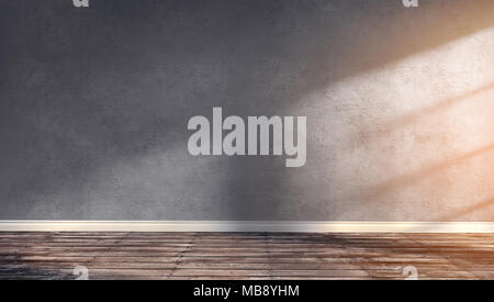 Le rendu 3d illustration de grande chambre moderne avec des murs de béton gris, plancher en bois et socle blanc. Intérieur avec la lumière du soleil. Studio, showroom, Banque D'Images