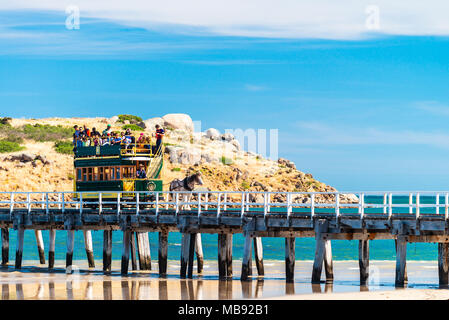 Victor Harbor, South Australia - 3 décembre 2016 : Victor Harbor Hippomobiles tramway de l'île granitique à la terre ferme. Banque D'Images