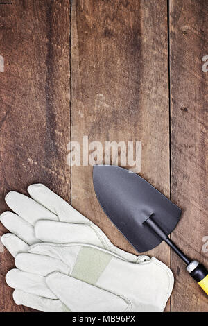 Gants de jardin générique et part chat sur une table en bois rustique. Coup de l'image ci-dessus en télévision jeter style. Banque D'Images