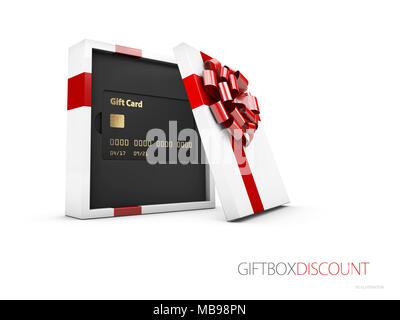 Cartes-cadeaux dans la boîte-cadeau, 3d illustration. Cadeau ou carte de crédit Modèle de conception Banque D'Images