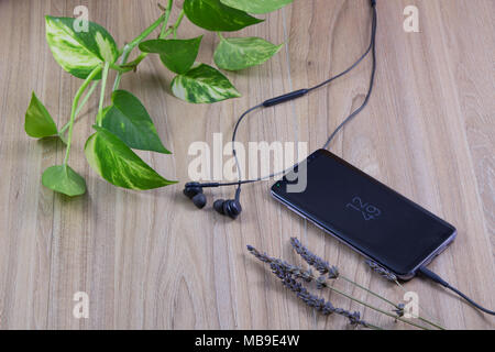 De nouveaux modèles de smartphone avec écouteurs et de feuilles vertes sur la table en bois en arrière-plan. détente concept jardin Banque D'Images