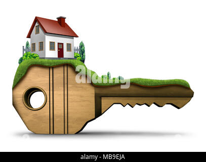Immobilier maison familiale clé symbole et concept de sécurité de la chambre en tant que 3D illustration sur un fond blanc. Banque D'Images