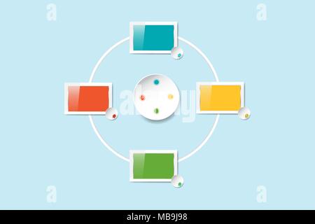 Ensemble de quatre moniteurs colorés rectangle blanc prêt pour votre texte autour d'un cercle blanc avec des points colorés. Illustration de Vecteur
