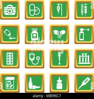 Médecine médicament icons set carré vert vector Illustration de Vecteur