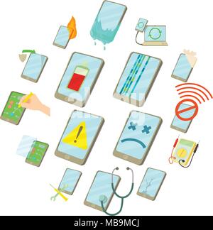 Téléphones portables réparation fix icons set, cartoon style Illustration de Vecteur