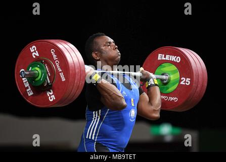 Le Queensland, Australie. Apr 9, 2018. Ivorn McKnee (BAR). Mens 105kg. L'haltérophilie. Jeux du Commonwealth XXI.Optus centre aquatique. Côte d'or 2018. Le Queensland. L'Australie. 09/04/2018. Credit : Sport en images/Alamy Live News Banque D'Images