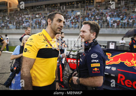 Sakhir, Bahreïn. Le 08 Avr, 2018. Cyril ABITEBOUL (fr), Renault Sport F1 Directeur général, Christian Horner (GBR), Team Principal de Red Bull Racing, portrait au cours de 2018 Championnat du Monde FIA de Formule 1, Grand Prix de Bahreïn, dans le monde de l'utilisation | Credit : dpa/Alamy Live News Banque D'Images