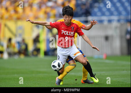 Saitama, Japon. Apr 7, 2018. Muto Yuki (REDS) Football/soccer : 2018 J1 match de championnat entre Urawa Red Diamonds 1-0 Vegalta Sendai à Saitama Stadium 2002 à Saitama, Japon . Credit : AFLO/Alamy Live News Banque D'Images