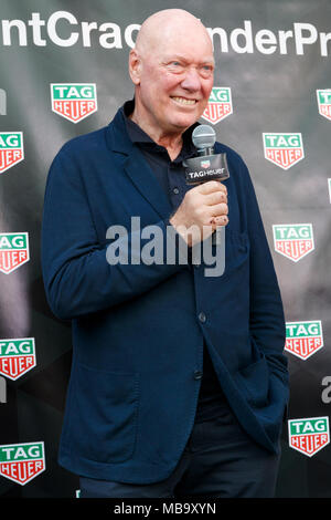 Tokyo, Japon. Le 9 avril, 2018. Jean-Claude Biver Président-directeur général de TAG Heuer parle au cours d'une cérémonie d'ouverture d'une nouvelle boutique TAG Heuer à Ginza, le 9 avril 2018, Tokyo, Japon. Hadid agit comme un ambassadeur de la marque suisse de luxe dont la boutique s'ouvre au public le 1er avril. Credit : Rodrigo Reyes Marin/AFLO/Alamy Live News Banque D'Images