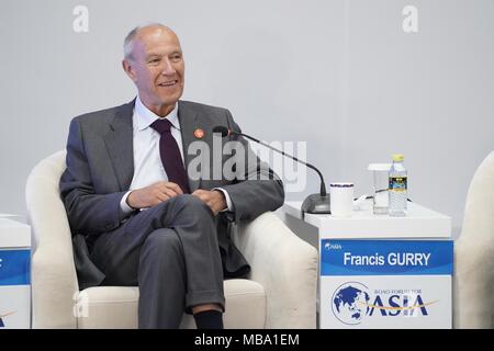 (180409) --, 9 avril 2018 (Xinhua) -- Francis Gurry, directeur général de l'Organisation mondiale de la propriété intellectuelle, parle à la session de "La prochaine vague de la révolution technologique" pendant le Forum de Boao pour l'Asie Conférence annuelle en 2018, le sud de la Chine, province de Hainan, le 9 avril 2018. (Xinhua/Xing Guangli) (wyl) Banque D'Images