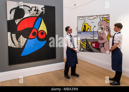 Femme, Oiseau de Joan Miro, est de 10-15m$ avec la vie encore avec la tête en mode paysage par Roy Lichtenstein, est $7-10m - La collection de Morton et Barbara Mandel, y compris des chefs-d'étendant sur plusieurs des plus importants mouvements artistiques du 20e siècle, qui devrait rapporter 75 millions de dollars pour la charité. Dans le cadre de Sotheby's, contemporain d'art impressionniste et moderne vente new-yorkaise. Sur l'affichage à New Bond Street. Crédit : Guy Bell/Alamy Live News Banque D'Images