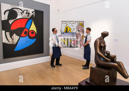 Londres, Royaume-Uni. Le 9 avril, 2018. Une mère de famille au tour par Henry Moore et Femme, Oiseau de Joan Miro, est de 10-15m$ avec la vie encore avec la tête en mode paysage par Roy Lichtenstein, est $7-10m - La collection de Morton et Barbara Mandel, y compris des chefs-d'étendant sur plusieurs des plus importants mouvements artistiques du 20e siècle, qui devrait rapporter 75 millions de dollars pour la charité. Dans le cadre de Sotheby's, contemporain d'art impressionniste et moderne vente new-yorkaise. Sur l'affichage à New Bond Street. Crédit : Guy Bell/Alamy Live News Banque D'Images