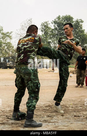 Les ingénieurs de combat de l'Armée royale thaïlandaise avec 3e bataillon du génie, 3e Division d'infanterie, montrer leurs techniques de réserve à l'école en Nongphipadungkitwittaya Korat, Royaume de Thaïlande, le 10 février 2018. Les membres de l'Armée royale thaïlandaise, les forces américaines et l'Armée de libération du peuple chinois sont dans le domaine des projets d'assistance civique mener une action humanitaire dans le cadre de l'exercice Gold Cobra. Projets d'aide humanitaire menées au cours de l'exercice de l'appui des besoins et des intérêts humanitaires du peuple thaï. Gold Cobra 18 est un exercice annuel effectué dans le royaume de Thaïlande et s'exécute en arrière Banque D'Images