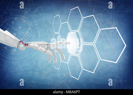 La main du robot pousser le bouton hexagonal en hexagones. Le rendu 3D Banque D'Images