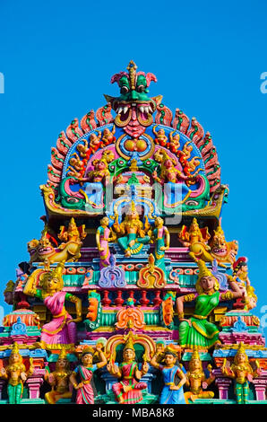 Façade sculptée du Temple de Kapaleeshwara, Mylapore, Chennai, Tamil Nadu, Inde. Temple de Shiva. Forme de Shiva's consort Parvati priaient au ce Banque D'Images