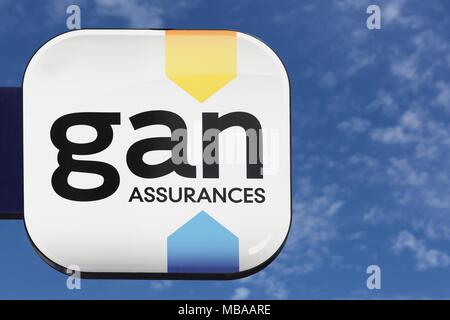 Villefranche, France - 11 juin 2017 : Gan logo sur un mur. Gan est une ancienne compagnie d'assurance française. Le Gan fait partie du groupe Groupama depuis 1998 Banque D'Images