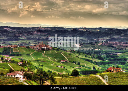 Une large vue sur les collines des Langhe cultivé avec vignes et parsemé de fermes et de caves, autour du village de Castiglione Falletto. Banque D'Images