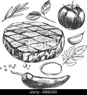 La viande de l'alimentation, Steak, rôti, légumes, hand drawn vector illustration croquis réalistes Illustration de Vecteur