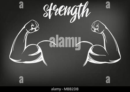 Bras, biceps, main forte caricature icône symbole texte calligraphié hand drawn vector illustration sketch, dessiné à la craie sur un tableau noir Illustration de Vecteur