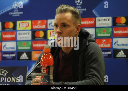 Rome, Italie. Le 9 avril, 2018. Marc André ter Stegen, goalkeaper du FC Barcelone au Stadio Olimpico à Rome au cours de la conférence de presse avant le match de quart de finale de la Ligue des Champions de l'Roma-Barcellona Crédit : Paolo Pizzi/Alamy Live News Banque D'Images