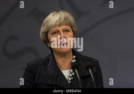 Copenhague, Danemark - 09 avril, 2018 : le premier ministre britannique Theresa visites Mai Le Premier ministre danois Lars Loekke Rasmussen, à Copenhague, au Danemark, pour discuter de l'poisen perpétré à Salisbury, Angleterre, et Brexit. Credit : OJPHOTOS/Alamy Live News Banque D'Images