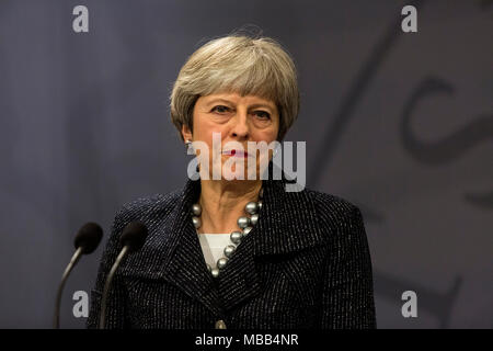 Copenhague, Danemark - 09 avril, 2018 : le premier ministre britannique Theresa visites Mai Le Premier ministre danois Lars Loekke Rasmussen, à Copenhague, au Danemark, pour discuter de l'poisen perpétré à Salisbury, Angleterre, et Brexit. Credit : OJPHOTOS/Alamy Live News Banque D'Images