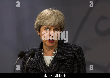 Copenhague, Danemark - 09 avril, 2018 : le premier ministre britannique Theresa visites Mai Le Premier ministre danois Lars Loekke Rasmussen, à Copenhague, au Danemark, pour discuter de l'poisen perpétré à Salisbury, Angleterre, et Brexit. Credit : OJPHOTOS/Alamy Live News Banque D'Images