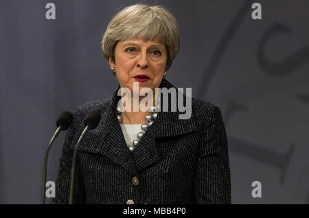 Copenhague, Danemark - 09 avril, 2018 : le premier ministre britannique Theresa visites Mai Le Premier ministre danois Lars Loekke Rasmussen, à Copenhague, au Danemark, pour discuter de l'poisen perpétré à Salisbury, Angleterre, et Brexit. Credit : OJPHOTOS/Alamy Live News Banque D'Images