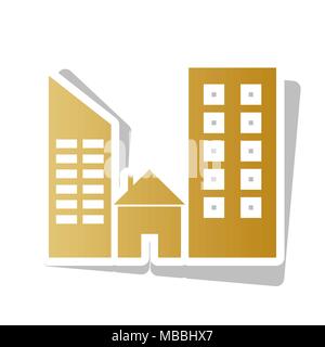 Enseigne immobilière. Vecteur. L'icône de dégradé d'or blanc avec le contour et l'ombre gris tourné à fond blanc. Illustration de Vecteur