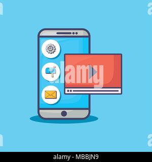 Smartphone avec les icônes d'e-mail marketing sur fond bleu, vector illustration Illustration de Vecteur