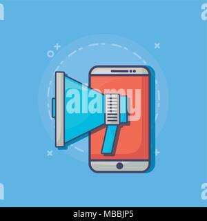 Smartphone avec les icônes d'e-mail marketing sur fond bleu, vector illustration Illustration de Vecteur