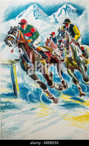 Original Swiss Vintage Travel Poster illustré par Laubi Hugo 1955, Suisse, de promouvoir le White Turf Course de chevaux au lac St.Moritz. Banque D'Images