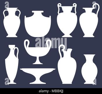 Silhouettes blanches de vases antiques sur fond sombre, l'ensemble de différents types de vecteurs, de vases en céramique Illustration de Vecteur