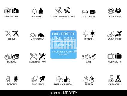 Perfect Pixel ligne mince des symboles et de diverses industries / secteurs commerciaux comme les télécommunications, les produits chimiques, l'aérospatiale, l'automobile, de la banque, Illustration de Vecteur