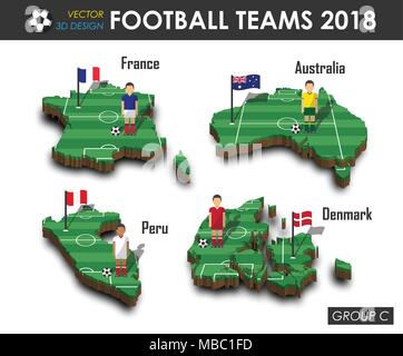 Les équipes de soccer national 2018 du groupe C . Joueur de football et d'un drapeau sur la conception 3D Carte pays . fond isolé . Vecteur de champion du monde international Illustration de Vecteur