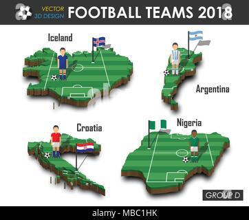 Les équipes de soccer national 2018 du groupe D . Joueur de football et d'un drapeau sur la conception 3D Carte pays . fond isolé . Vecteur de champion du monde international Illustration de Vecteur