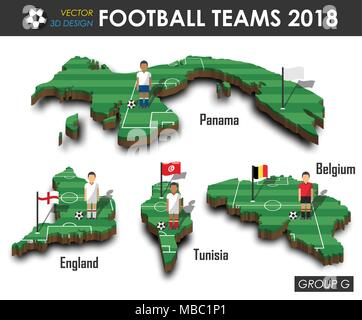 Les équipes de soccer national 2018 Groupe G . Joueur de football et d'un drapeau sur la conception 3D Carte pays . fond isolé . Vecteur de champion du monde international Illustration de Vecteur