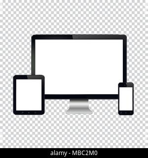 La technologie moderne de dispositifs - moniteur de l'ordinateur, tablette numérique et le téléphone mobile à l'écran vide. Isolé sur fond transparent. Illustration de Vecteur