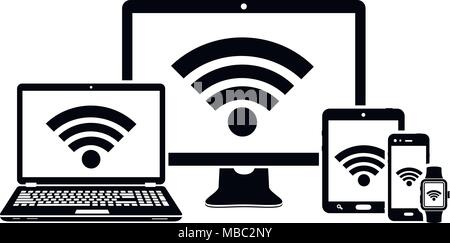 L'écran de l'ordinateur, ordinateur portable, tablette et smartphone icons avec connexion internet wifi symbole. Vector illustration. Illustration de Vecteur
